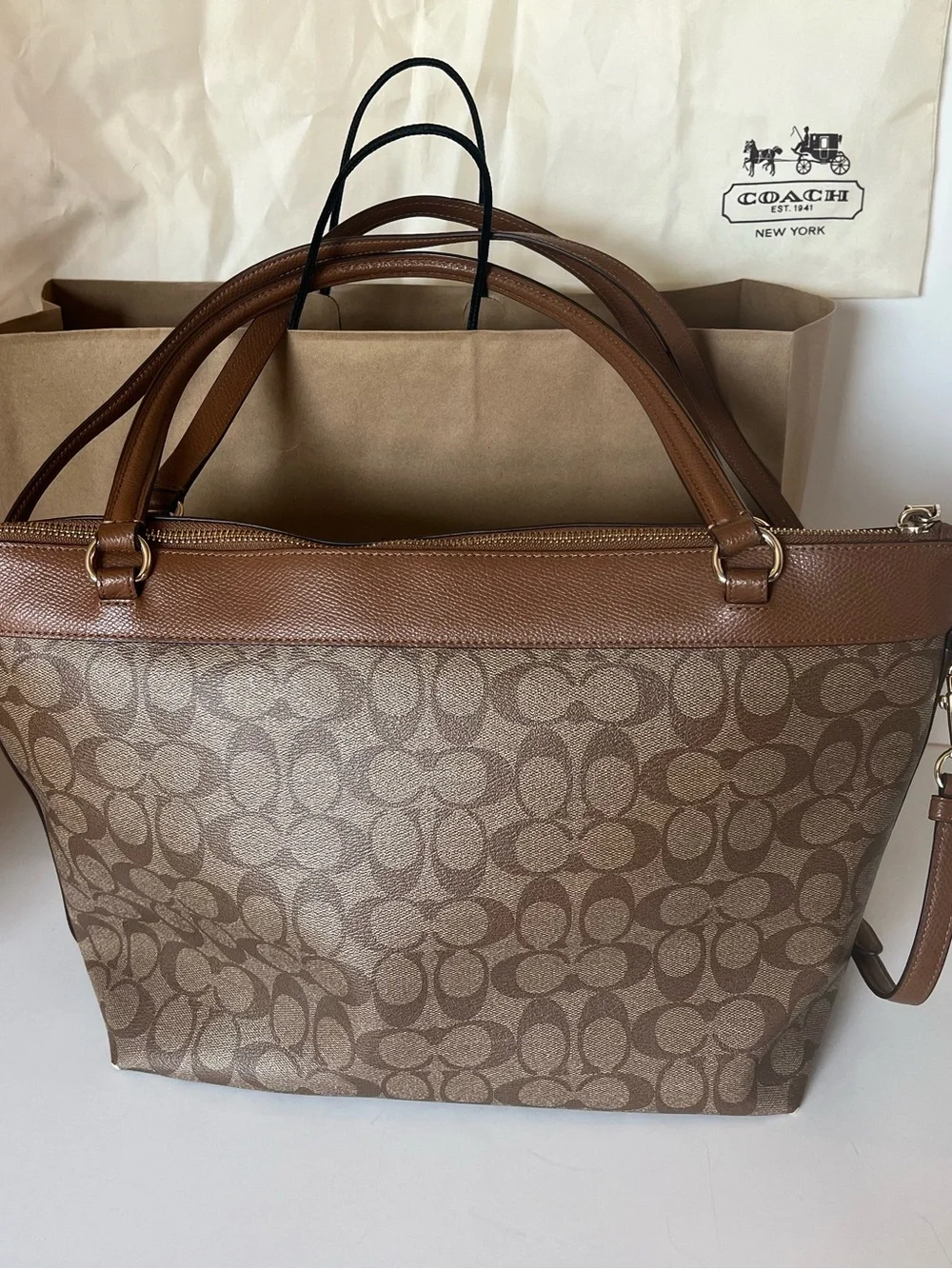 Coach Tan & Brown Signature Canvas Tote with Leather Trim